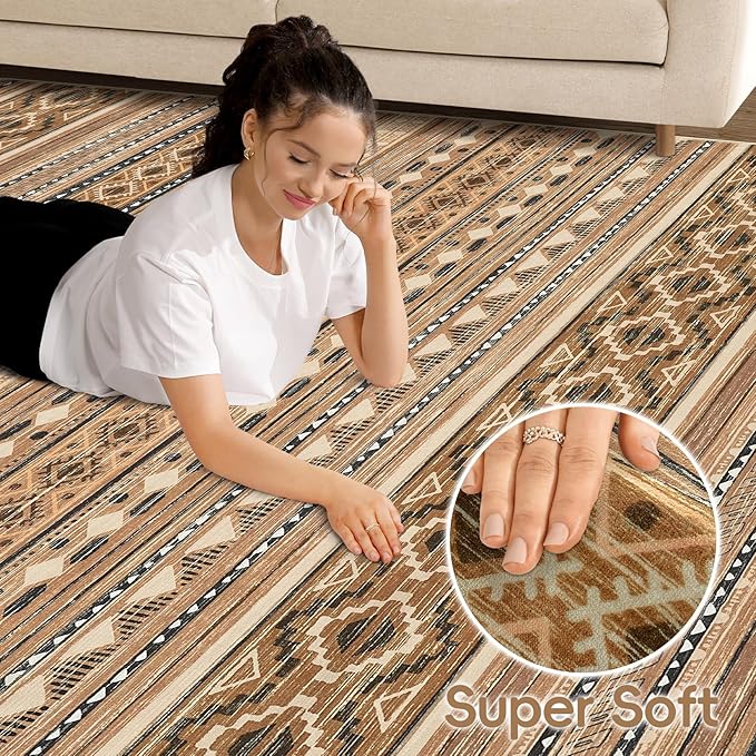 Area Rugs for Living Room Washable Living Room Rug Soft Neutral Indoor Floor Carpet Non-Slip Stain Resistant Modern Boho Rugs for Bedroom Dining Room Kids Room Nursery Office Home Brown/Beige