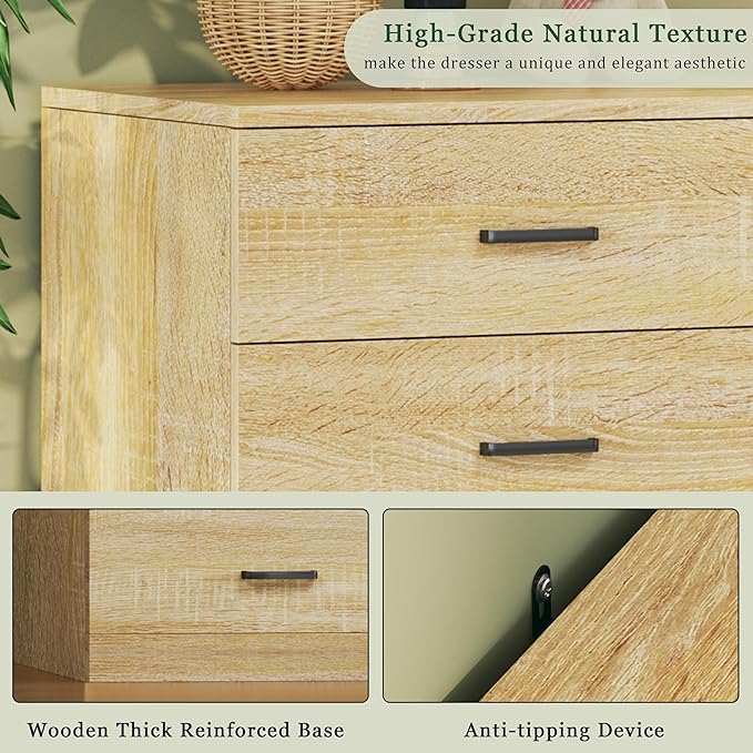60 Inch 12 Drawer Dresser for Bedroom, Long Mid Century Modern Dressers, Wood Vintage Chests of Drawers TV Stand up to 65", Large Storage Organizer for Bedroom, Closet, Entryway, Natural