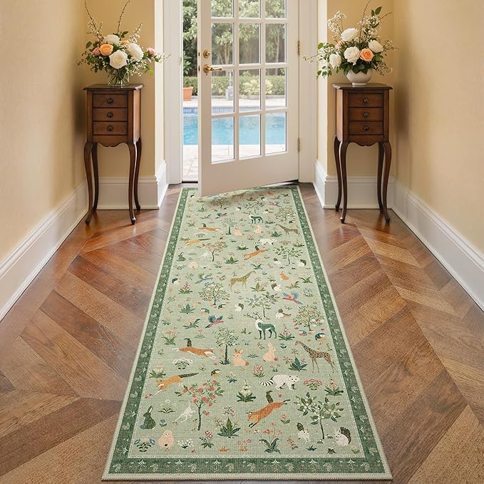 Runner Rug Non Slip 2'6''x 6', Floral Animal Print Rug Machine Washable Rug, Non Slip Low Pile Hallway Runner Carpet for Kitchen, Laundry, Bedroom, Bathroom, Light Green