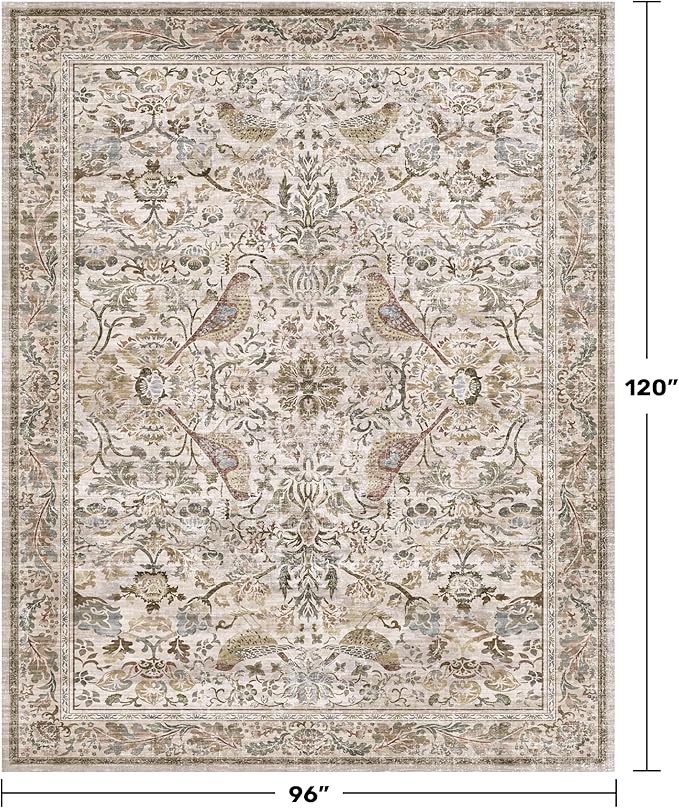 Boho 8x10 Area Rugs for Living Room - Washable Low Pile Soft Moss Floral Rug for Bedroom, Dining Room, Light Brown Taupe Low Pile Soft Carpet, Vintage Indoor Décor