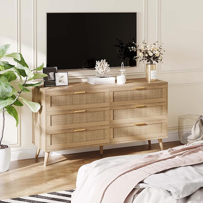 Rovaurx 6 Drawer Double Dresser for Bedroom, Rattan Chest of Dressers, Modern Wooden Dresser Chest with Golden Handles, Beside Table for Closet, Living Room and Entryway, Natural
