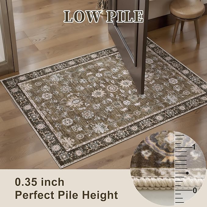 Tangsoo 2x3 Small Rug Washable Brown Entry Rugs for Entryways Non-Slip Vintage Floral Throw Area Rugs Boho Rugs Distressed Floor Carpet Soft Low Pile Door Mat for Entrance Bedroom Kitchen Foyer Decor