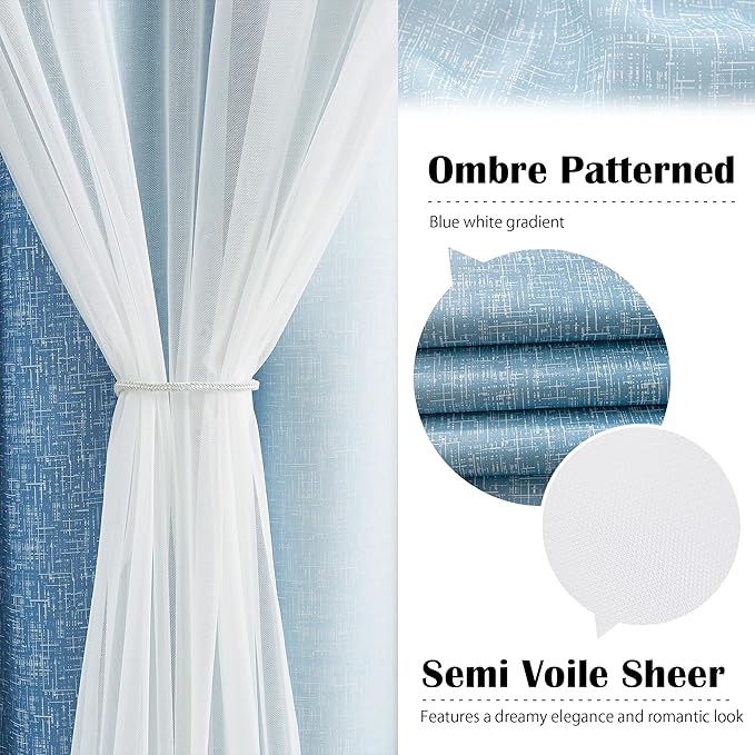 100% Blackout Curtains with Sheer Overlay Mix and Match Double Layer Drapes 72 Inch Length 2 Panels for Bedroom Living Room Blue White Ombre Grommet Window Treatment with Tiebacks