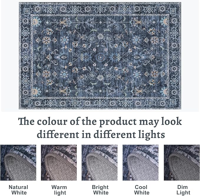 Tangsoo 4x6 Washable Area Rugs Non Slip, Boho Distressed Vintage Blue Floral Throw Rug for Bedroom Nursery, Soft Low Pile Floor Carpet Indoor Mat for Entrance Bedside Kitchen Office Farmhouse Bathroom