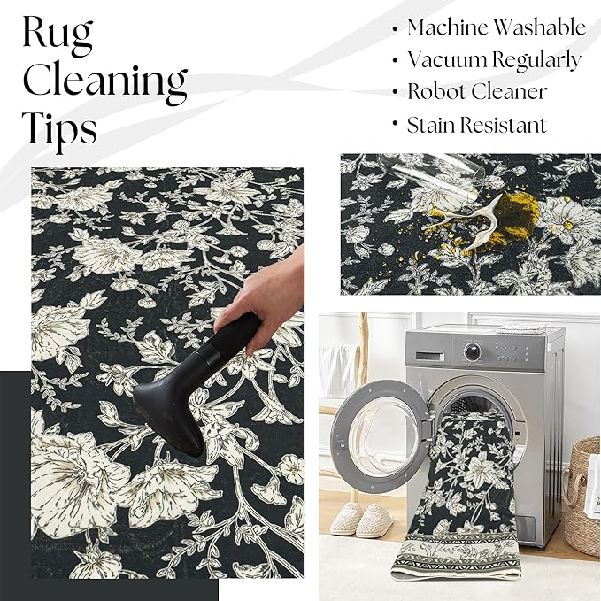 Black Runner Rugs 2x6 for Hallway Kitchen Bedroom Beside Laundry Room Bathroom Rug Boho Modern Washable Non Slip Low Pile Stain Resistant Soft Long Carpet Mat Black Cream Beige Taupe Floral Pattern