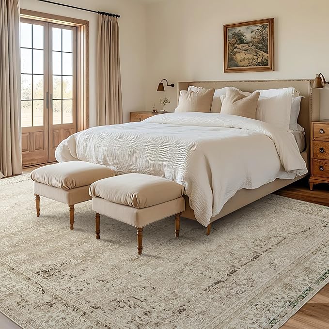Cream and Light Tan Rug for Bedroom Neutral Boho Farmhouse Floral Washable Soft Faux Wool No Slip Area Rugs for Living Room Home Office,5x8