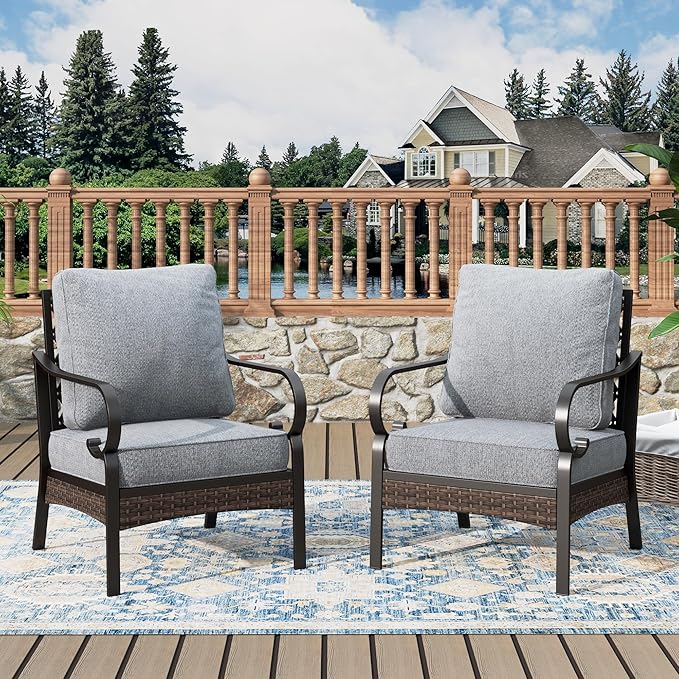 Outdoor Patio Leg Sofa Chairs Set of 2 Steel Frame Porch Furniture with Deep Seating and 5.75" Cushions for Lawn Backyard Deck, Grey