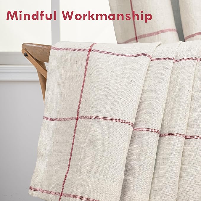 DriftAway 2 Panels 100% Blackout Windowpane Plaid Linen Curtains Double Layer Drapes for Bedroom 84 Inches Long Farmhouse Thermal Insulated 3.25 Inch Rod Pocket Back Tab for Living Room Red