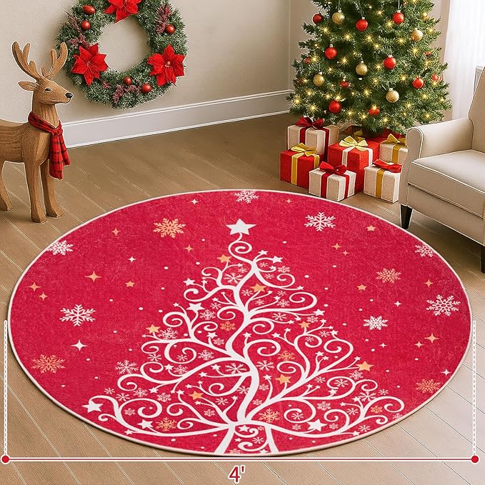 6' Machine Washable Christmas Round Area Rug, Non-Slip Vintage Floral Circle Floor Rugs for Kids, Low Pile Room Carpet for Living Room, Bedroom, Dining Room & Nursery(6' Christmas Tree)