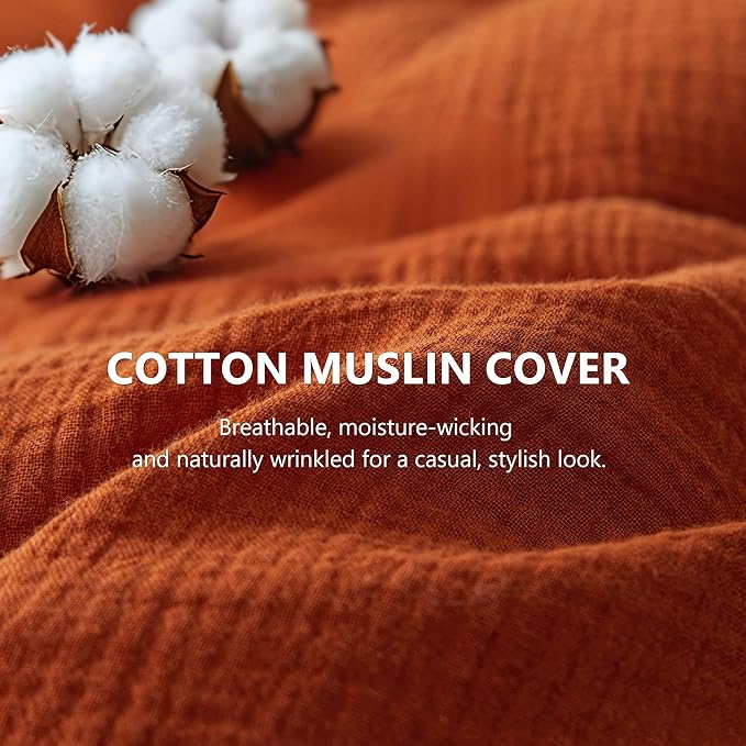 Simple&Opulence 100% Cotton Muslin Comforter Set King Size, 3PCS Washed Cotton Gauze Comforter, Soft Lightweight All Seasons Bedding Sets with 2 Pillow Shams(Burnt Orange,King)
