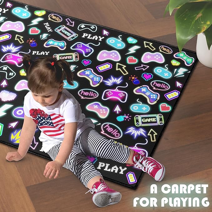 59"x39" Gaming Play Rug for Bedroom, Gaming Controller Mat Gamepad for Playroom, Gamer Décor for Game Lover Washable Carpet,Black