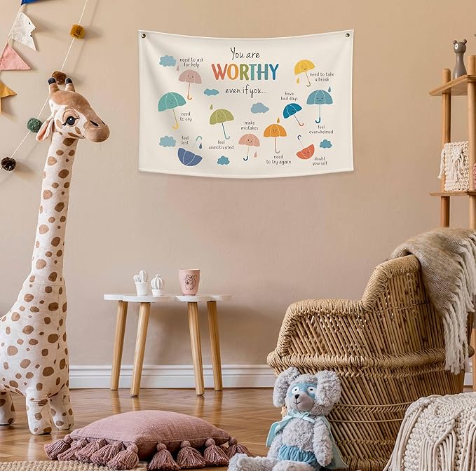Boho Rectangular Banner Flag Wall Sign Decor Gift for Baby Boy Girl Kids,Nursery Classroom Baby Room Bedroom Living Room Office Dorm Decor-You Are Worthy Even If You-Birthday Christmas Gift
