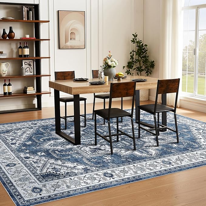 WITSHOCK Living Room Area Rugs 10x12: Washable Rug Boho Soft Non-Slip Low Pile Stain Resistant Foldable Carpet for Bedroom Playroom Dining Room Office Kitchen Farmhouse Home Decor Rug-Blue