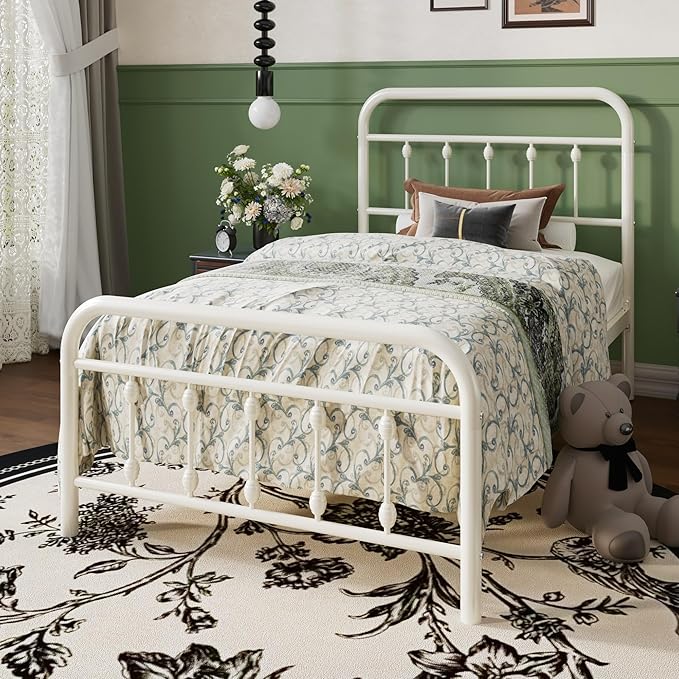 SHA CERLIN Twin Size Metal Platform Bed Frame with Victorian Style Iron-Art Headboard and Footboard, Easy Assembly, Under Bed Storage, No Box Spring Required, White
