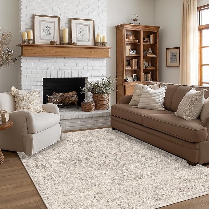 FMFUNCTEX 4x6 Washable Area Rug Neutral Vintage Beige Distressed Non Slip Low Pile Traditional Indoor Carpet for Living Room Bedroom Soft Retro Mat Throw Rug for Dining Office Kitchen Dorm Entryway