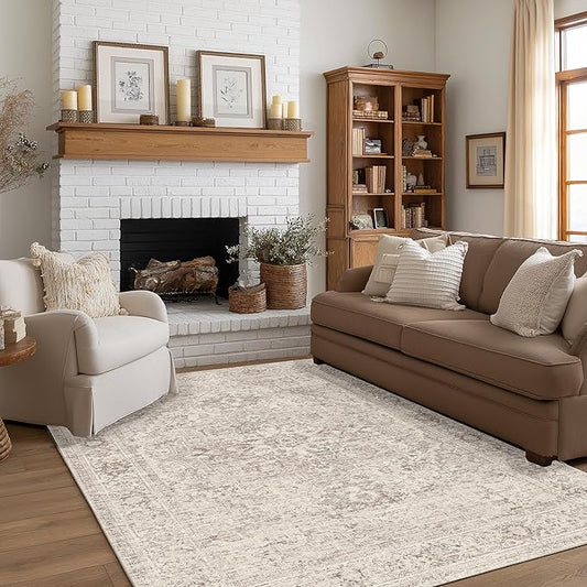 FMFUNCTEX 4x6 Washable Area Rug Neutral Vintage Beige Distressed Non Slip Low Pile Traditional Indoor Carpet for Living Room Bedroom Soft Retro Mat Throw Rug for Dining Office Kitchen Dorm Entryway
