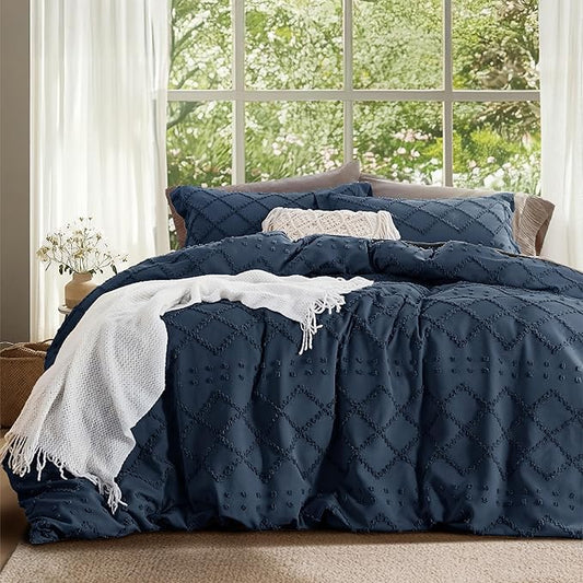 Bedsure Boho Duvet Cover Queen Size - Navy Breathable & Soft Boho Bedding, Machine Washable Comforter Cover for All Seasons, Includes 1 Duvet Cover 90"x90" with 2 Pillow Shams & Zipper Closure