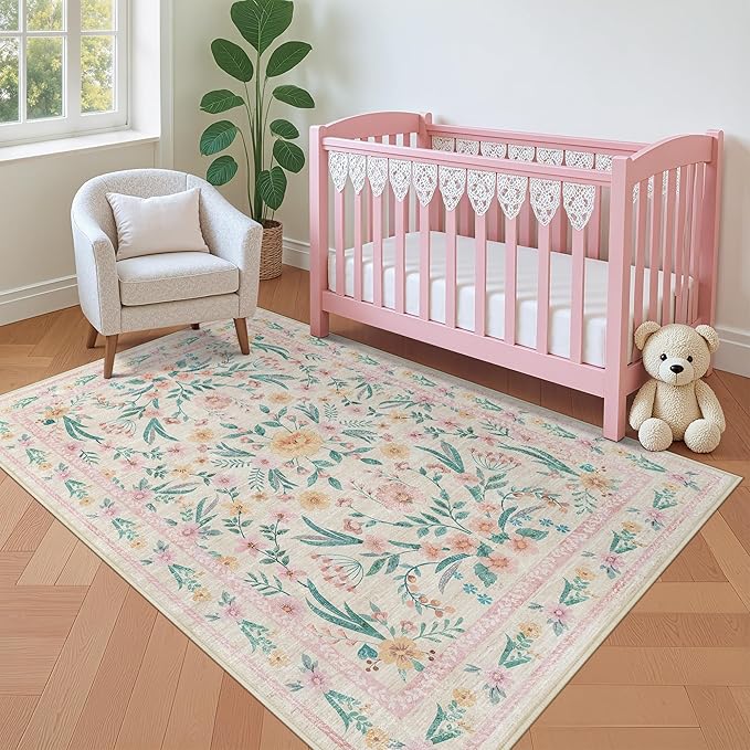 3x5 Nursery Rug,Pink Rugs for Bedroom Girls,Machine Washable Non Slip Soft Faux Wool Carpet,Boho Floral Rugs for Bedroom Entryway Dorm
