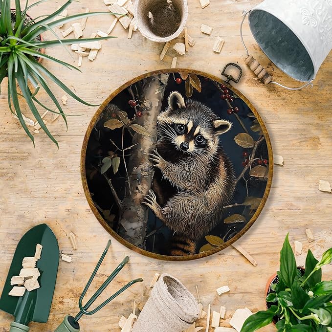 Hiuwevt Raccoon Round Wall Art Decor, Vintage Dark Moody Academia Botanical Trash Panda Framed Canvas Prints, Cottagecore Raccoon Round Wall Hanging Decor for Bedroom Home Decorations, 10x10 Inches
