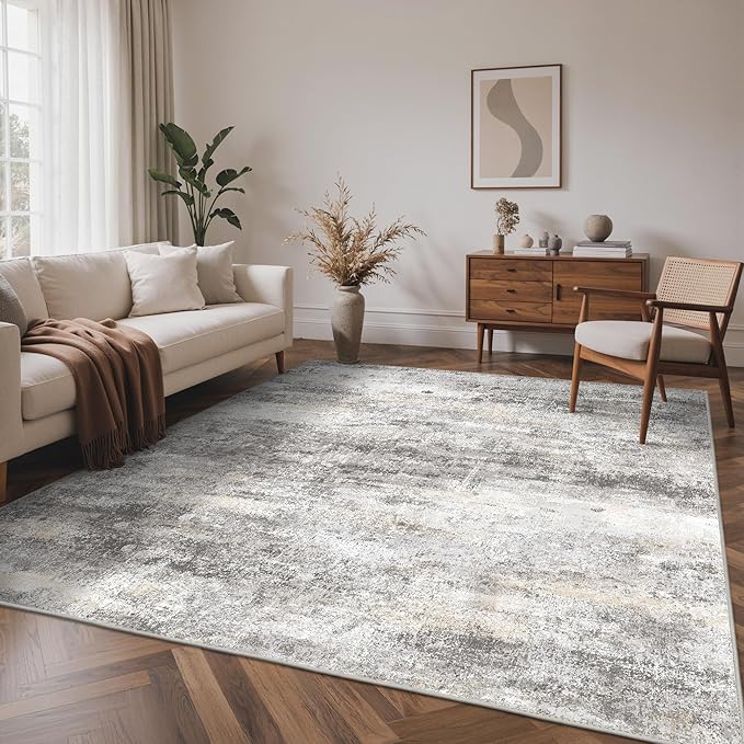 8x10 Area Rugs Washable Grey Rug for Living Room Bedroom, Modern Abstract Large Rug Non Slip, Water Repellent Low Pile Soft Carpet for Dining Room, Home Office, Grey Beige