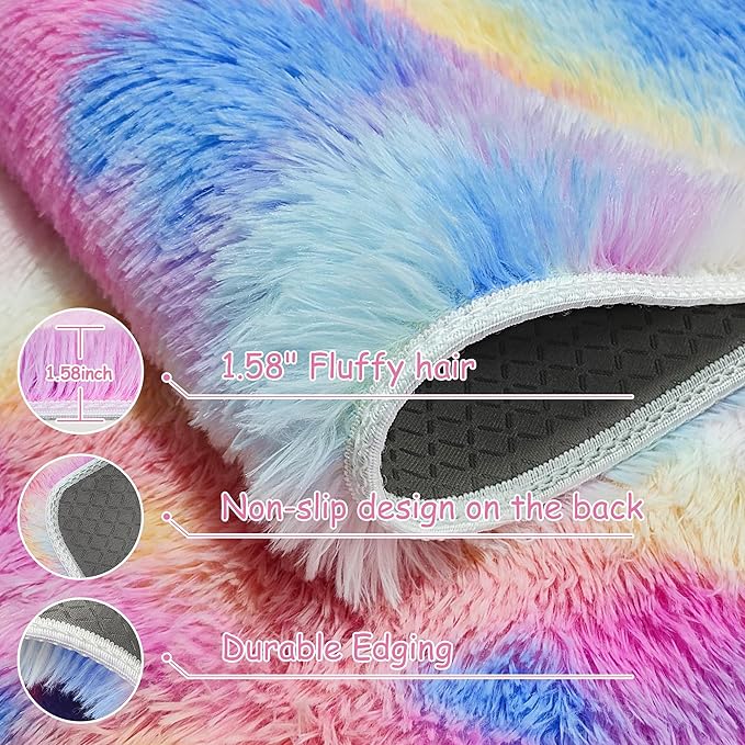 Soft Fluffy Pink Rainbow Rug for Girls Bedroom Carpet 2x8 Tie Dyed Shag Runner Fuzzy Bedside Kids Princess Rug for Girls Bedroom Living Room Hallway Nursery Kids Unicorn Home Decor