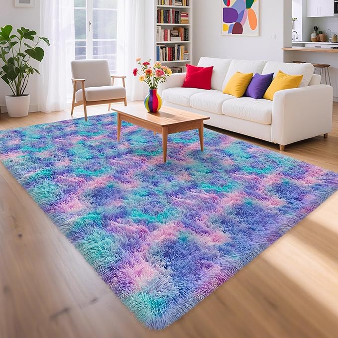 Soft Fluffy Purple Rainbow Rug for Bedroom Kids 6x9 Mermaid Stitch Rugs for Girls Bedroom Fuzzy Shag Carpet Cute Plush Shaggy Rugs for Living Room Kids Room Baby Toddler's Room Nursery Decor