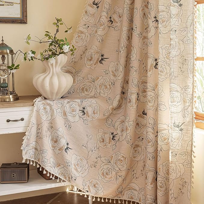 OYX Boho Floral Semi-Blackout Curtains for Bedroom, 2 Panels 52x63 Inches, Grey Rose Vintage Country Pattern with Tassels, Rod Pocket Design, Farmhouse Window Treatments
