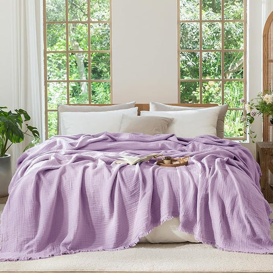 MooMee Muslin Blanket - 100% Cotton 4-Layer Gauze Throw Blanket with Tassels Ultra-Soft Breathable Lightweight Cooling for Bed Couch (Light Purple, Queen 90" x 90")