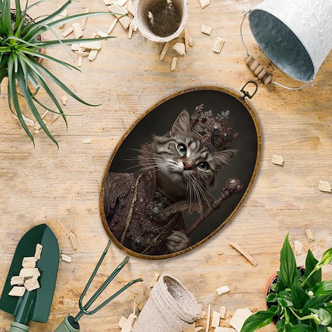 Hiuwevt Vintage Cat Oval Wall Art Decor, Cat Framed Canvas Prints, Moody Dark Academia Kitten Oval Wall Hanging Decor for Home Bedroom Living Room Decorations, 8.6x11.4 Inches