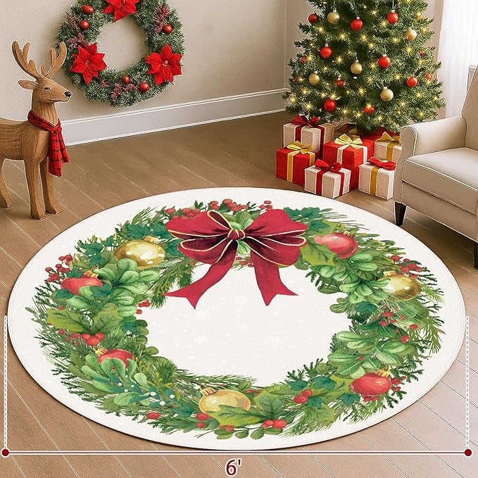 6' Machine Washable Christmas Round Area Rug, Non-Slip Vintage Floral Circle Floor Rugs for Kids, Low Pile Room Carpet for Living Room, Bedroom, Dining Room & Nursery(6' Christmas Wreath)