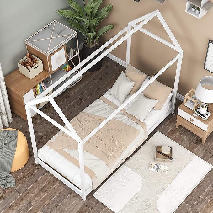 Bellemave Twin Size House Bed, Wood House Platform Bed with Roof and Slats, House Daybed Frame for Kids, Boys, Girls, No Spring Box Needed, White