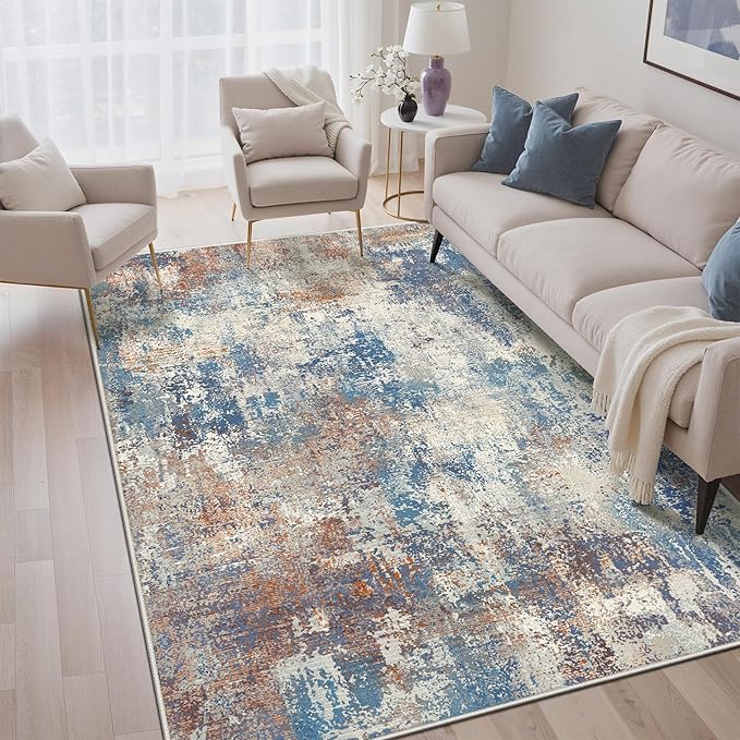 5x7 Area Rugs Washable Blue Rug for Living Room Bedroom, Abstract Modern Large Rug Non Slip, Water Repellent Low Pile Soft Carpet for Dining Room, Blue Rust