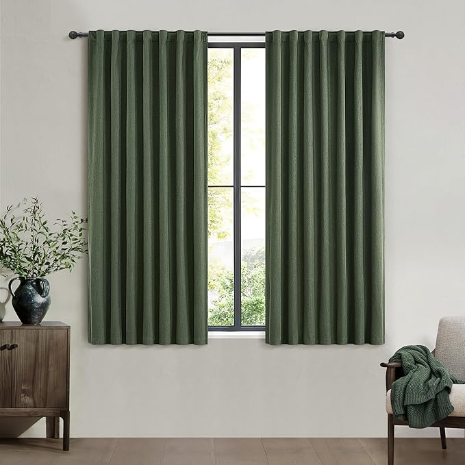 Green Country Kitchen Curtains 54 Inch Length Small Basement Window Blackout Cooling Curtains for Summer Heat Linen Cafe Classroom/Dorm Dark Olive Drapes Hook Belt/Back Tab(50"x54"x2 Panels)
