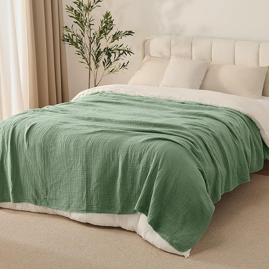 100% Cotton Muslin Blanket Queen Size 90" x 90" for Bed Couch Summer Gauze Blanket for Adults Lightweight and Breathable Dark Green