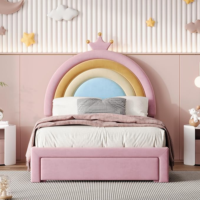 LUMISOL Princess Bed Frames for Kids,Twin Rainbow Bed Frame with Drawers, Upholstered Platform Bed, Velvet Bed for Girls, Fits Standard Twin Mattress, Pink