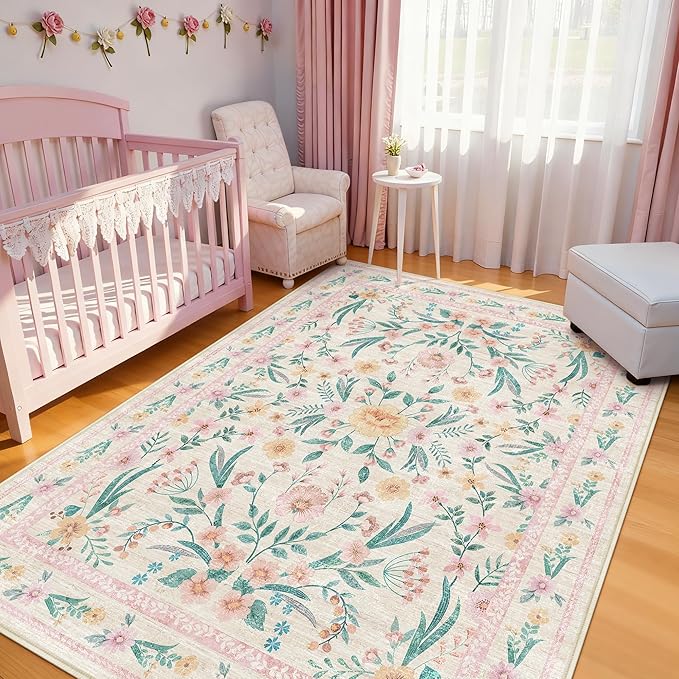 5x8 Pink Floral Nursery Rug – Washable Non-Slip Soft Carpet, Cute Boho Area Rug for Girls Bedroom, Kids Room or Playroom