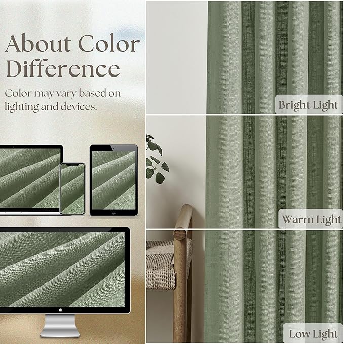 Sage Green Linen Curtains Pinch Pleated 84 Inches Long for Living Room Bedroom Pleat with Rings Back Tab Semi Sheer Curtains 84 Inch Length 2 Panels Set Light Filtering Farmhouse Drapes Light Green
