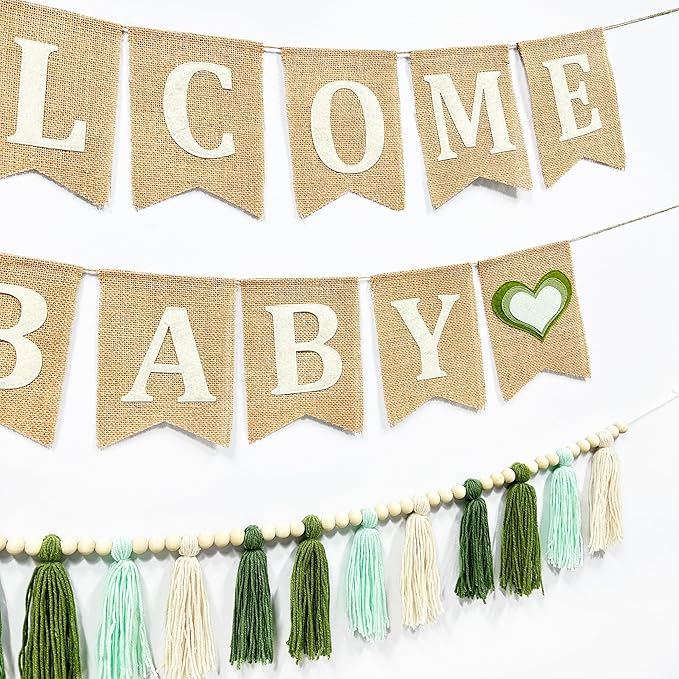 Baby Shower Burlap Pennant Banner Flag Felt Welcome Baby Sign Ombre Sage Green Heart and Olive Green Tassel Garland with Beads for Neutral Baby Shower Hello Baby Welcome Baby Party Decoration Supplies