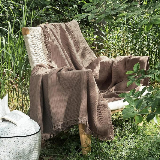 MooMee Muslin Blanket - 100% Cotton 4-Layer Gauze Throw Blanket with All-Around Fringe Ultra-Soft Breathable Lightweight Cooling for Bed Couch (Brown,Throw XL 50" x 70")