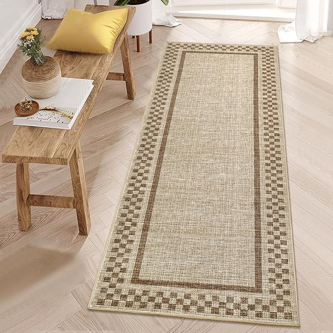 Washable Runner Rug 2x10 Modern Bordered Hallway Runner Rug Non Slip Kitchen Throw Carpet Checkered Bathroom Entryway Runner Rugs Low Pile Solid Area Rugs for Living Room Bedroom Nursery Sink, Taupe