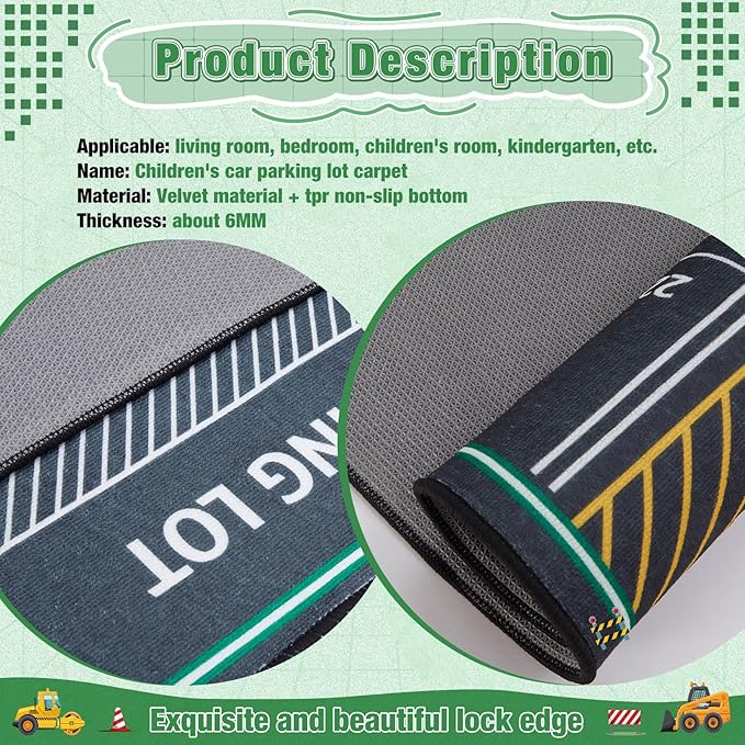 Tinideya Kids Carpet Playmat Rug Player Car Rug, 5x7 ft Traffic Map Mat Educational Game Area for Toddler Children Playroom Classroom Bedroom (Parking, Green)
