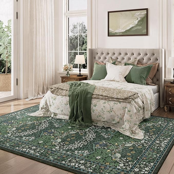 8x10 Washable Dark Green Floral Area Rug for Living Room, Non-Slip Soft Floral Print Vintage Boho Carpet, Forest Green Low Pile Rugs for Bedroom, Dining Room, Indoor Decor