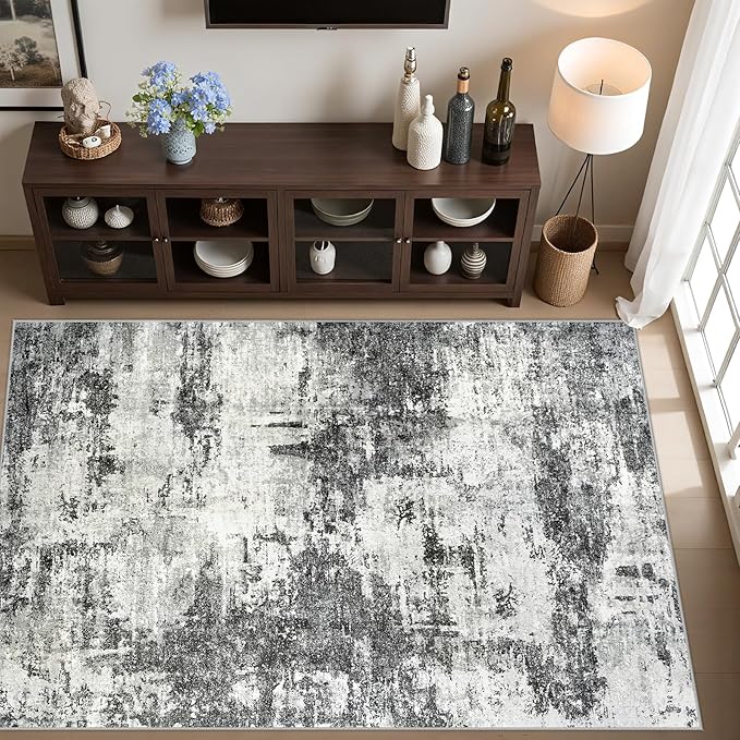 Area Rug Living Room Rugs: 5x7 Washable Rug with Anti-Slip Backing Non-Shedding Stain-Resistant Foldable Modern Abstract Carpet for Bedroom Dining Room Nursery Home Office - Black