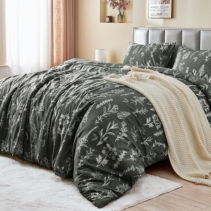 MUXHOMO Duvet Cover King Size, Reversible Floral Dark Grey Duvet Cover Set with Zipper Closure, 3 Pieces Botanical Patterns Soft Microfiber Bedding Set (90"x104", 2 Pillow Cases 20"×36")