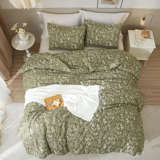 HighBuy Floral Duvet Cover King Olive Green Floral Botanical Bedding Comforter Cover King Women Girls Garden Style Bedding Set Boho Chic Duvet Cover with 2 Pillowcases,All Season