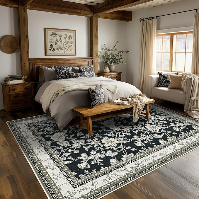 Boho Dining Room Rugs for Under Table 7x9 Washable Black Cream Beige Floral Design Sketch Style Area Rug for Living Room, Low Pile Non-Slip for Bedroom Under Bed Aesthetic Boho Farmhouse Decor