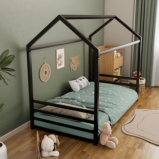 Harper & Bright Designs Twin Size Floor Bed Frame for Kids, House Bed with Roof and Guardrail, Metal Montessroi Floor Bed for Boys Girls, Easy Assemble, No Slats,Black
