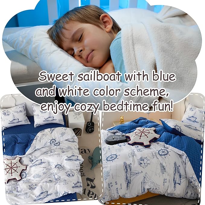 Simple&Opulence 100% Organic Cotton Duvet Cover for Kids Teens,3 Pieces Soft Cartoon Comforter Cover with Zipper Closure, Boys Bedding Set with Sailboat Pattern,Twin