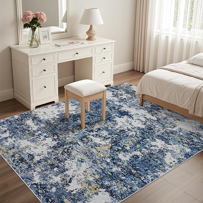 Area Rug Living Room Rugs: 5x7 Washable Rug with Anti-Slip Backing Non-Shedding Stain-Resistant Foldable Modern Abstract Carpet for Bedroom Dining Room Nursery Home Office (Blue/Multi)