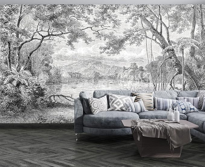 Black and White Tropical Rainforest Wall Mural Wallpaper for Bedroom 137" x 100"